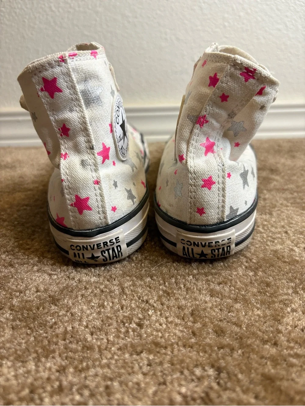 Converse Kids White High-Top Sneakers with Pink and Silver Stars